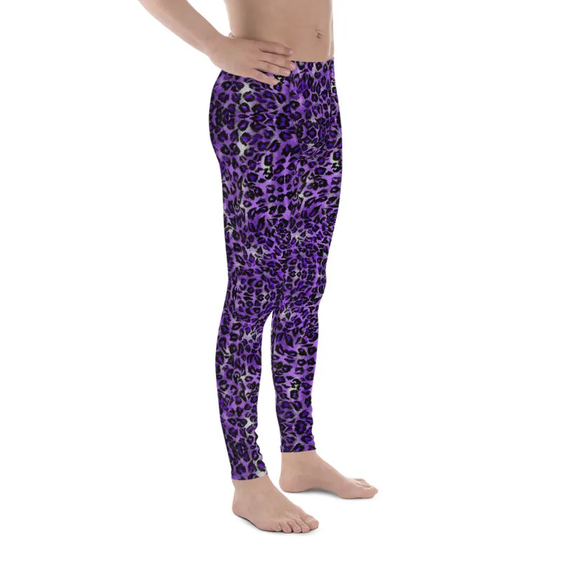 Purple Leopard Print Men's Leggings, Animal Print Meggings Running Tights-Made in USA/EU