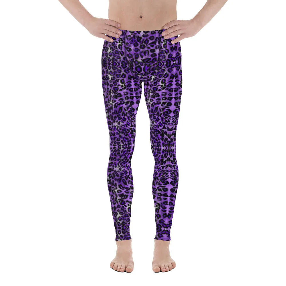 Purple Leopard Print Men's Leggings, Animal Print Meggings Running Tights-Made in USA/EU