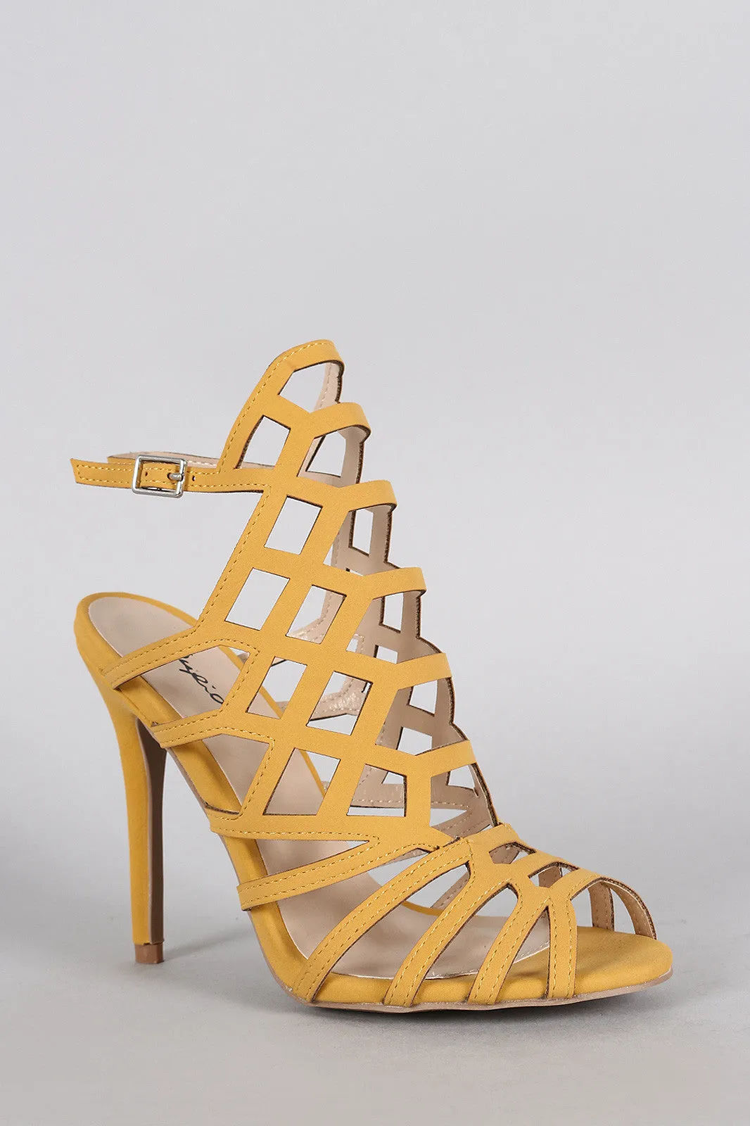 Qupid Nubuck Caged Peep Toe Stiletto Heel