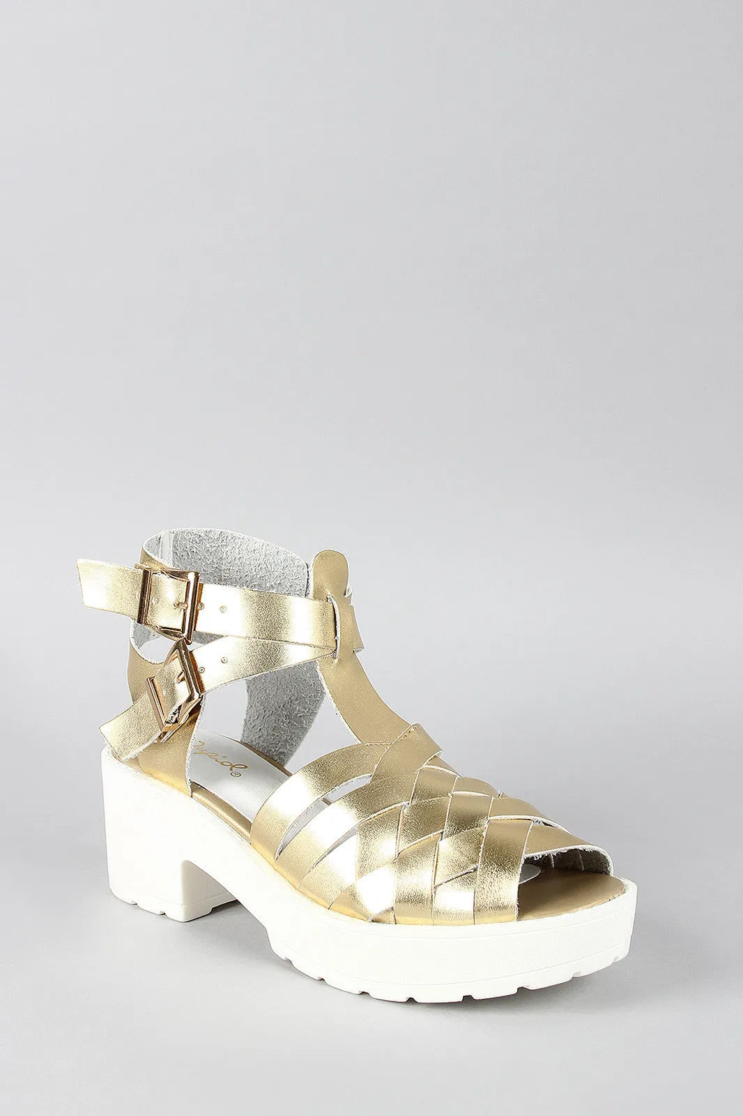 Qupid Woven Metallic Ankle Strap Peep Toe Flatform Sandal