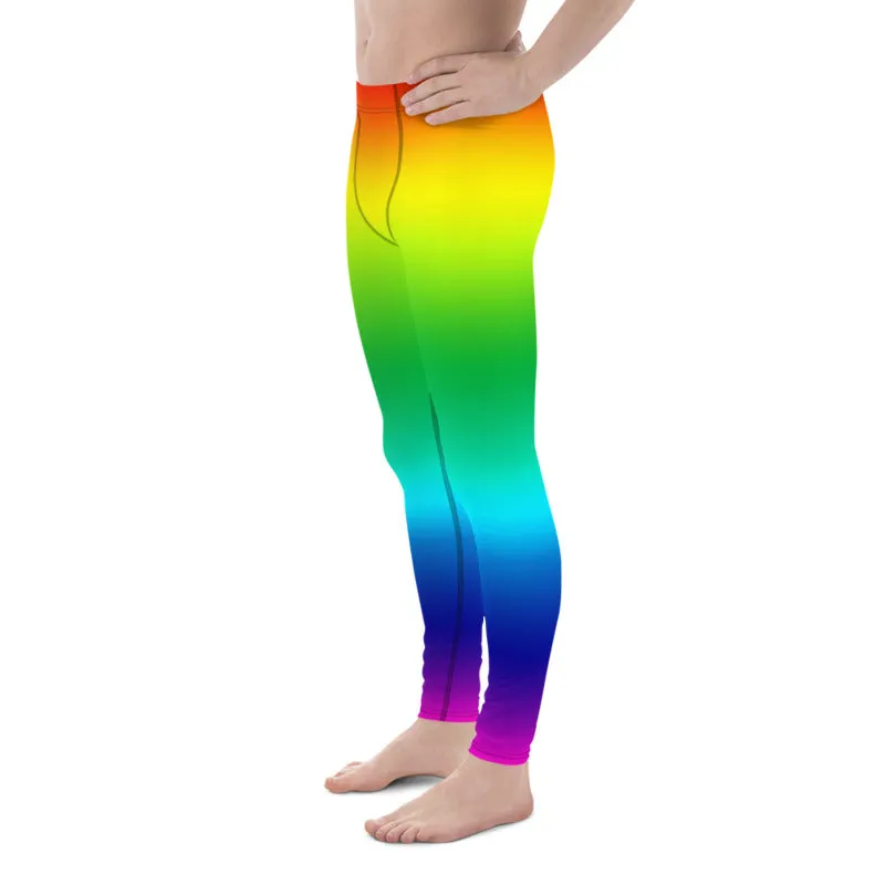 Rainbow Color Men's Running Tights, Bright Ombre Gay Pride Colorful Men's Leggings-Made in USA/ EU