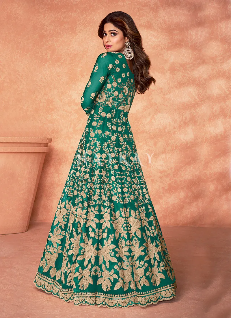Rama Green Embroidered Net Anarkali Suit
