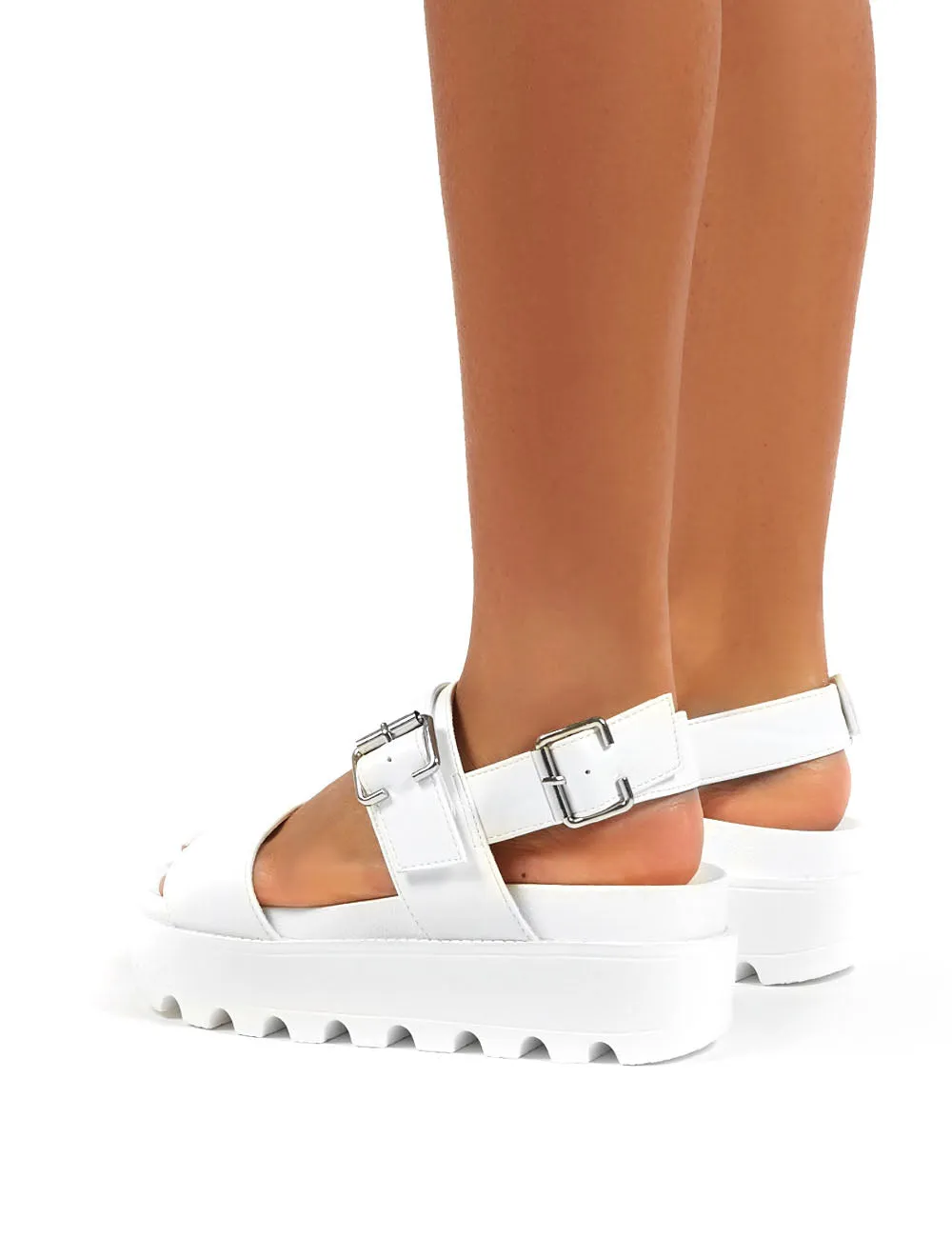 Razor White Pu Strappy Gladiator Buckle Platform Sandals