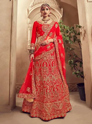 Red Bridal Velvet Embroidered Lehenga Choli