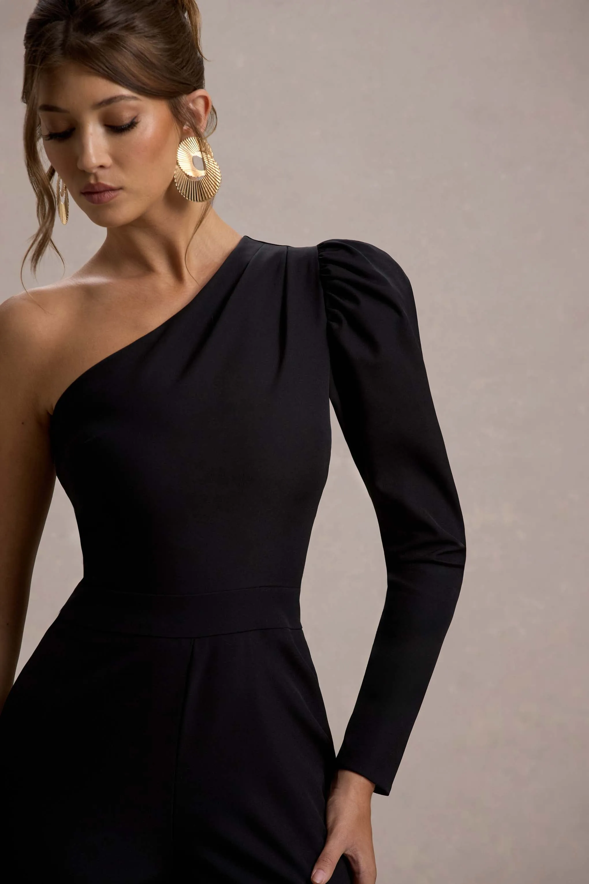 San Jose | Black One-Shoulder Puff-Sleeve Jumpsuit