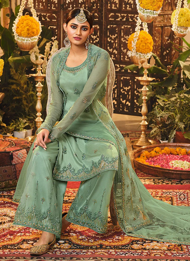 Sea Green Embroidered Jacket Style Palazzo Suit