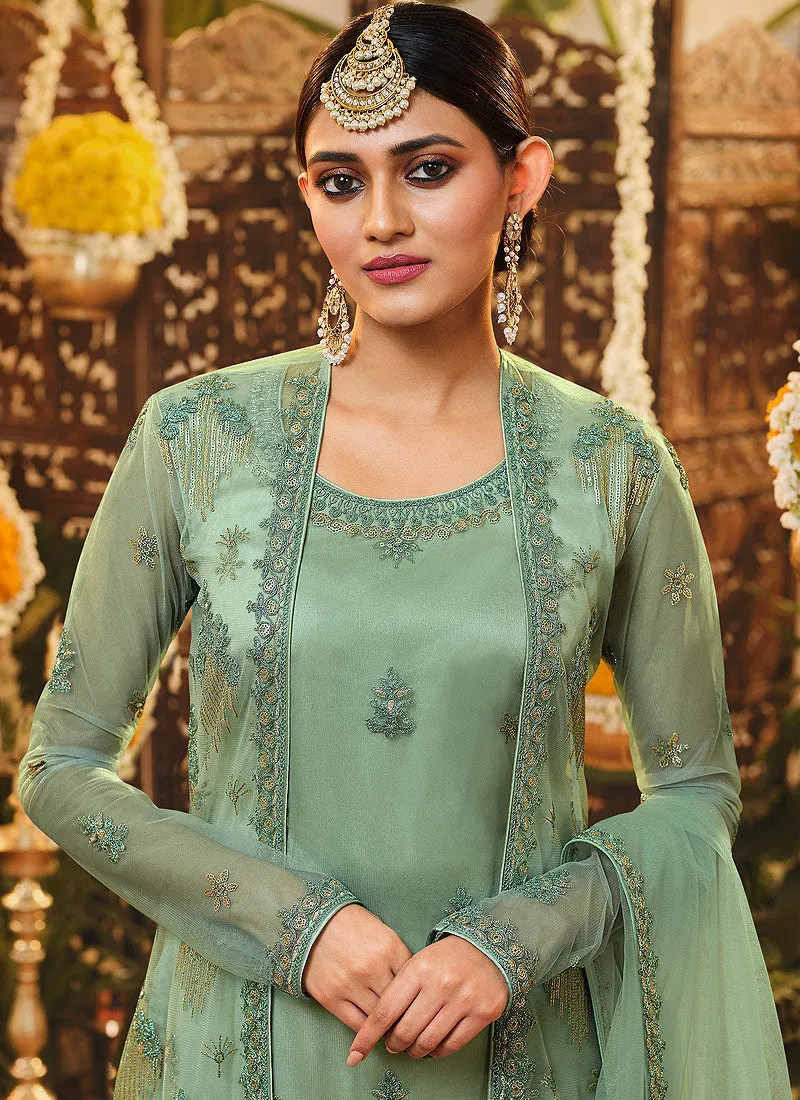 Sea Green Embroidered Jacket Style Palazzo Suit