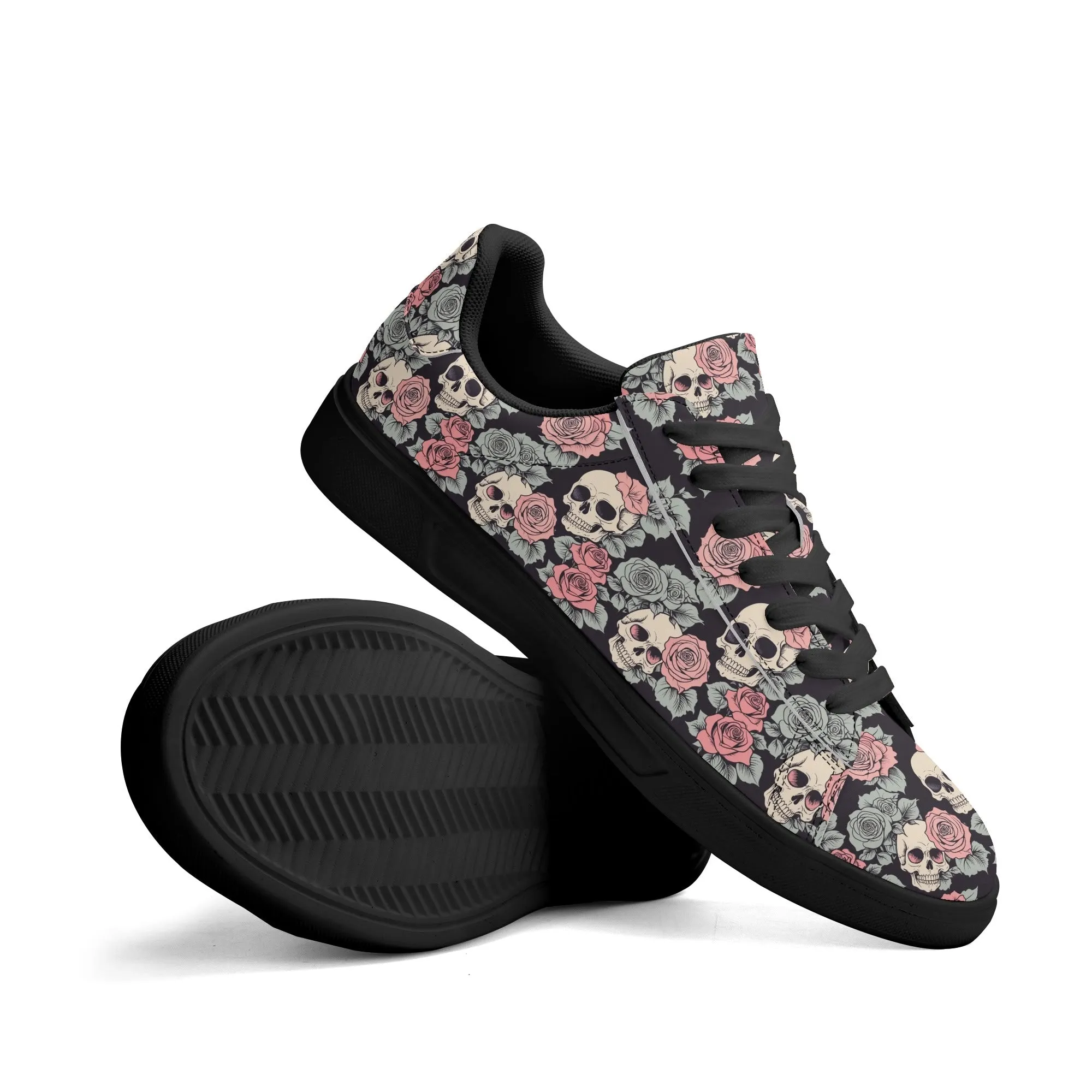 Skull and Pink Rose Adult Lightweight Brand Low Top Leather Shoes