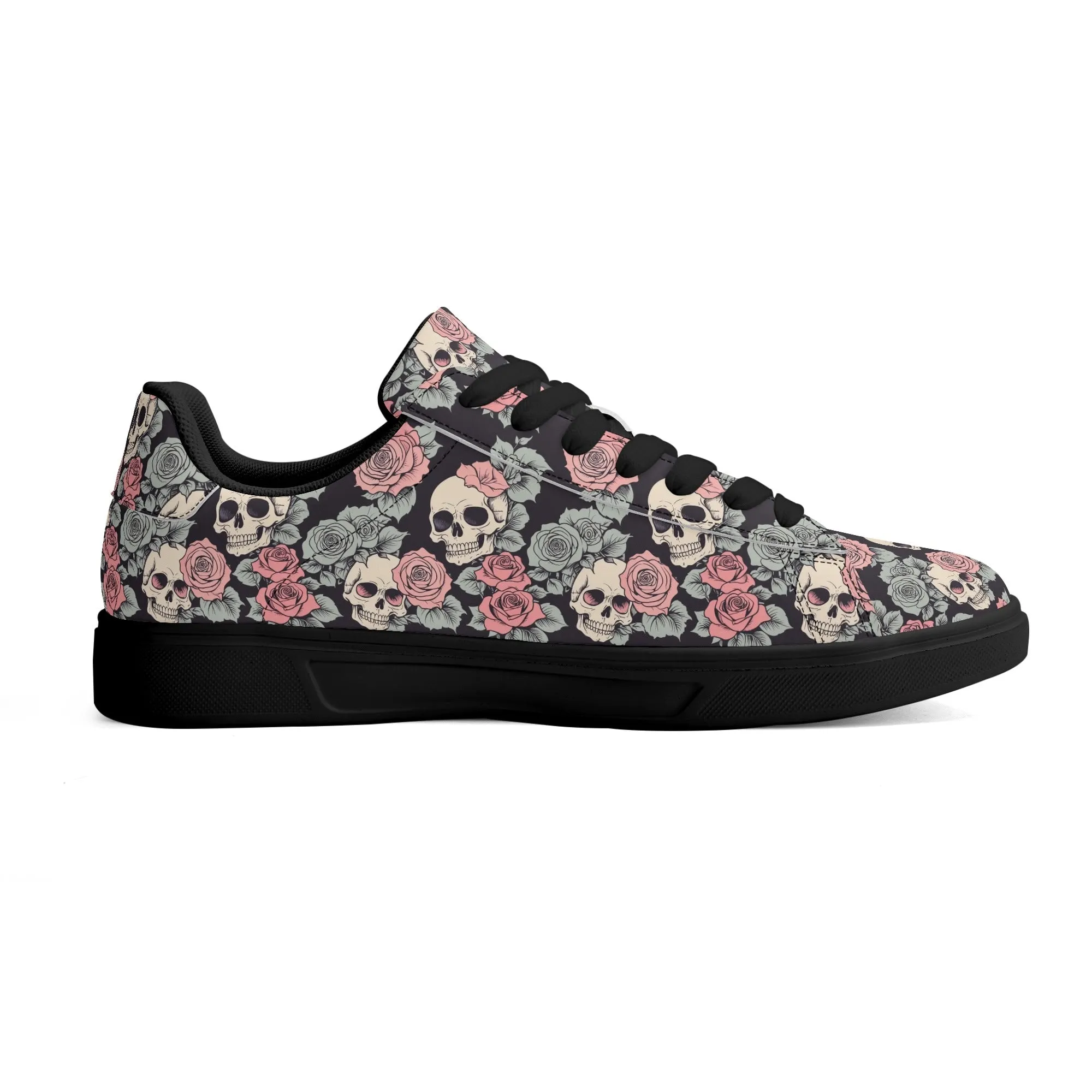 Skull and Pink Rose Adult Lightweight Brand Low Top Leather Shoes