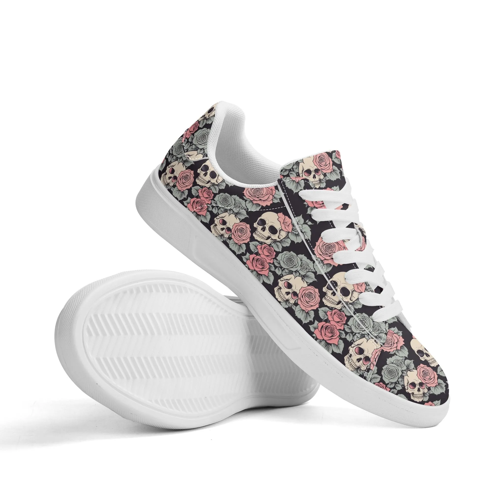 Skull and Pink Rose Adult Lightweight Brand Low Top Leather Shoes
