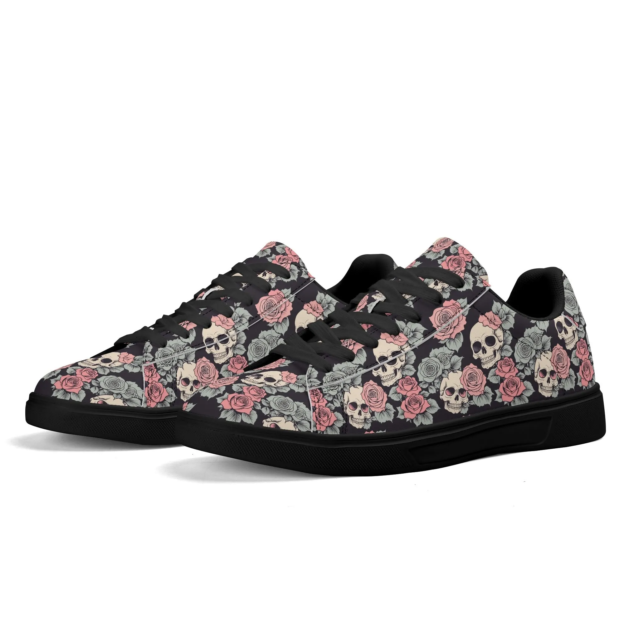 Skull and Pink Rose Adult Lightweight Brand Low Top Leather Shoes