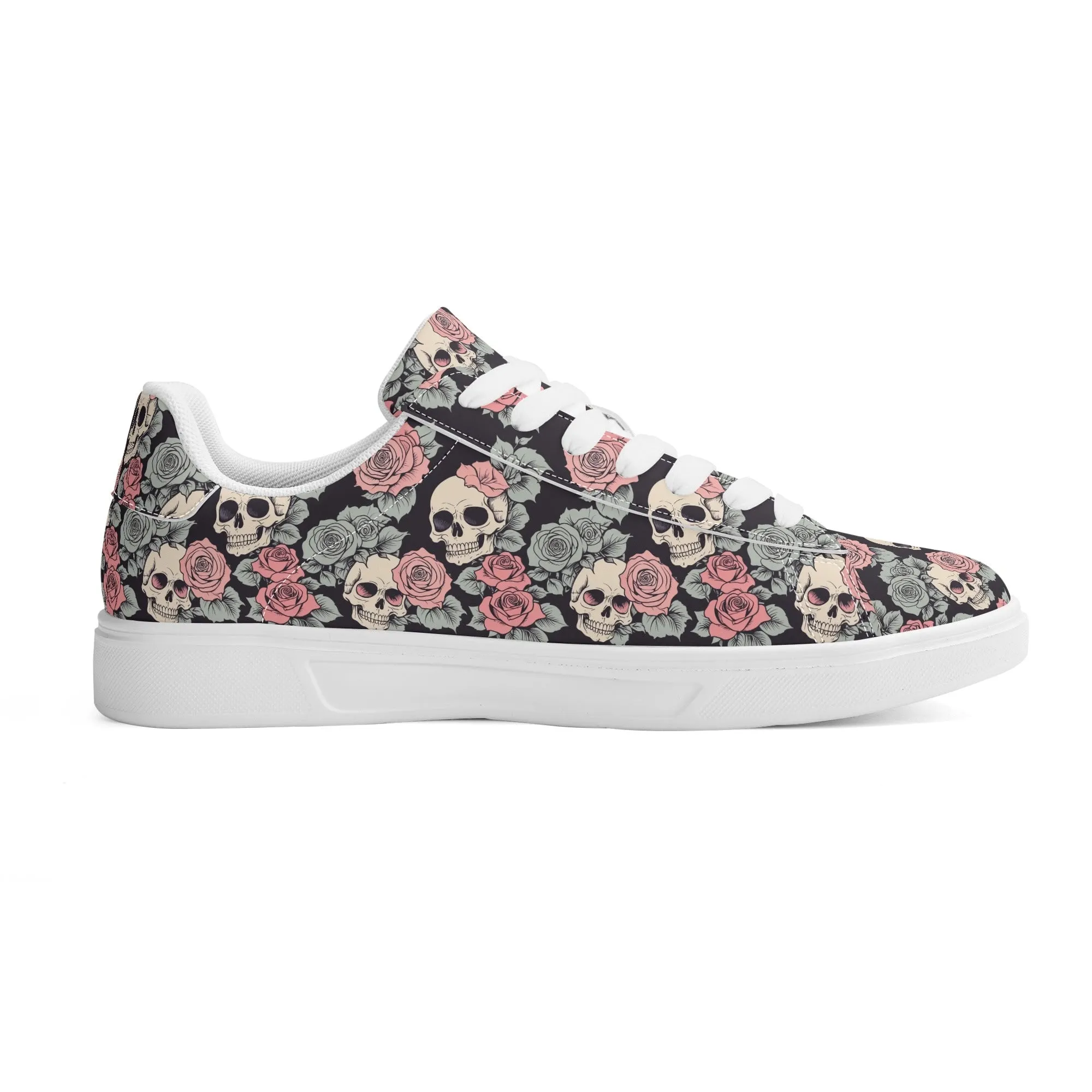 Skull and Pink Rose Adult Lightweight Brand Low Top Leather Shoes