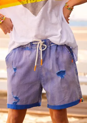 Slouchy Vintage Wash Denim Shorts - Blue
