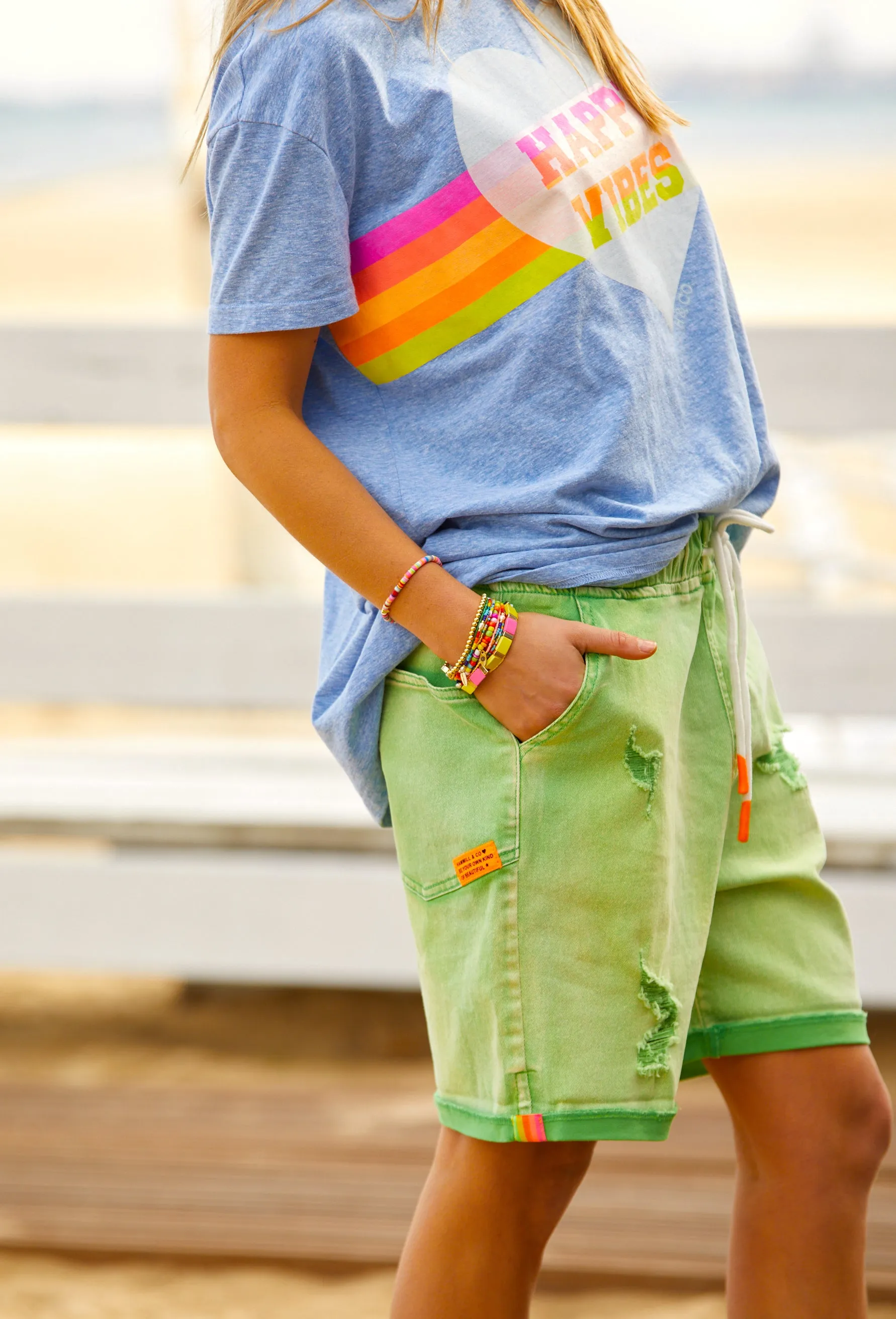 Slouchy Vintage Wash Denim Shorts - Green