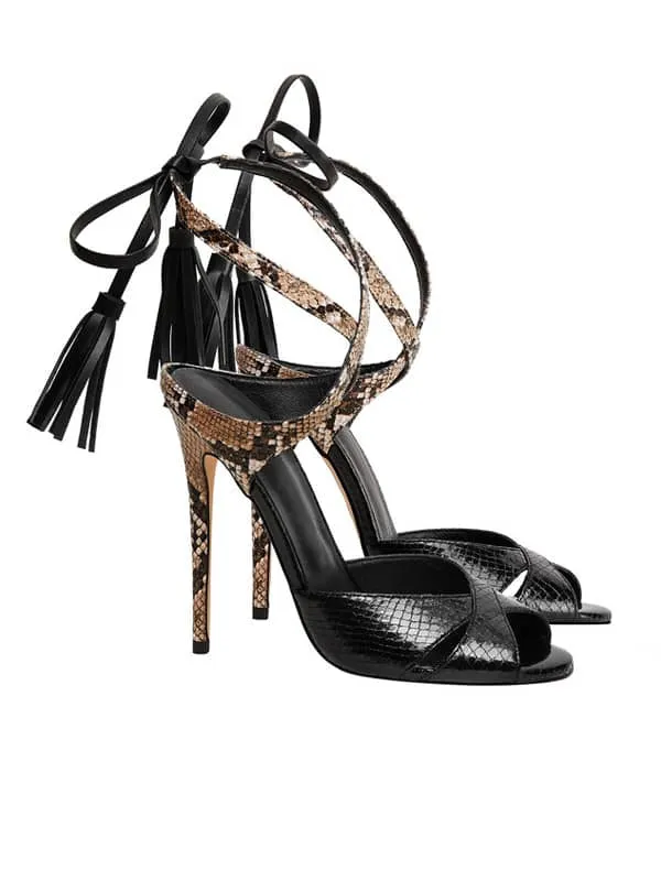 Snakeskin Print Stiletto Leather Sandal