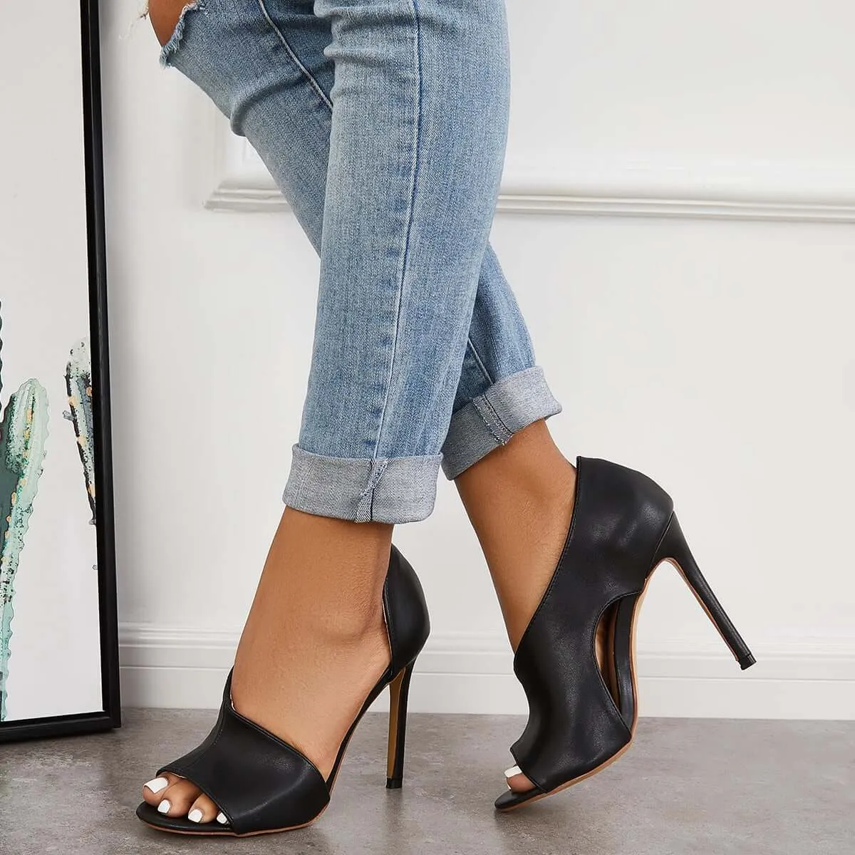 Sohiwoo Black Cut Out Stiletto High Heels Peep Toe Dress Pumps
