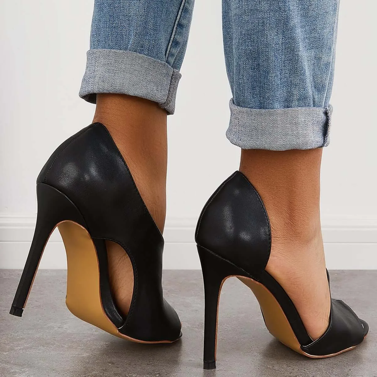 Sohiwoo Black Cut Out Stiletto High Heels Peep Toe Dress Pumps