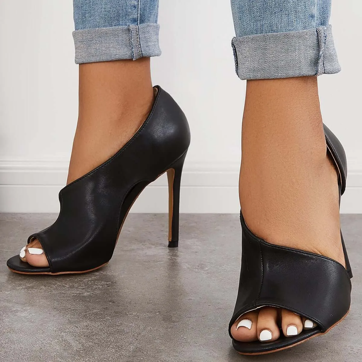 Sohiwoo Black Cut Out Stiletto High Heels Peep Toe Dress Pumps