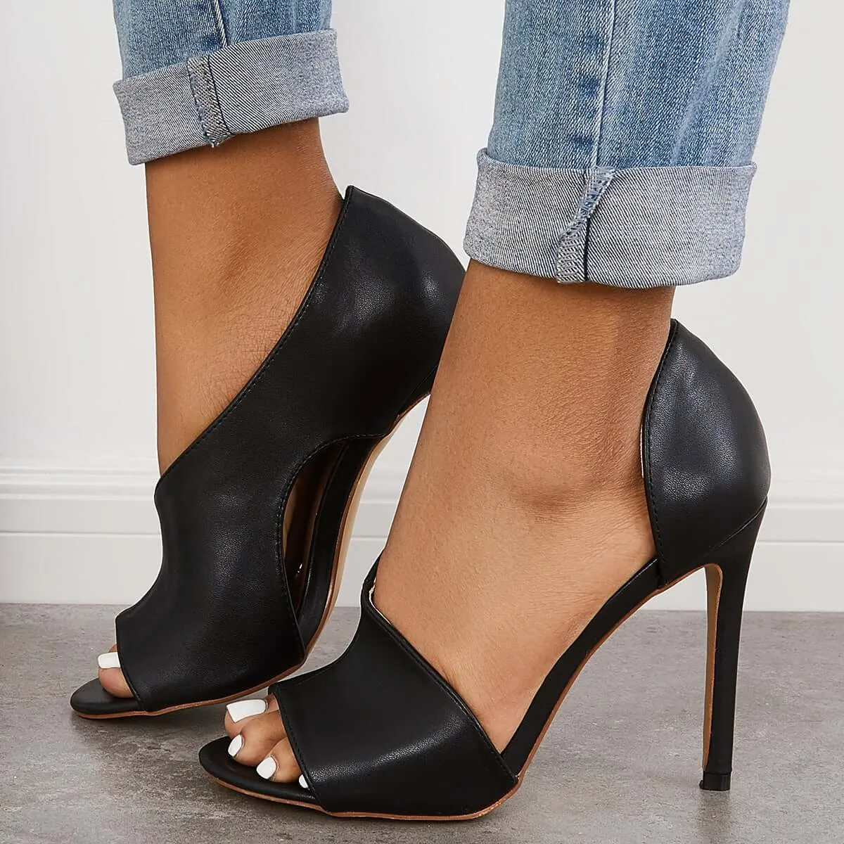 Sohiwoo Black Cut Out Stiletto High Heels Peep Toe Dress Pumps