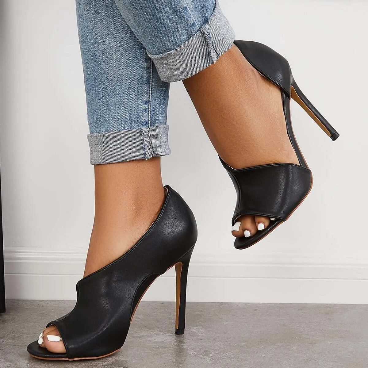 Sohiwoo Black Cut Out Stiletto High Heels Peep Toe Dress Pumps