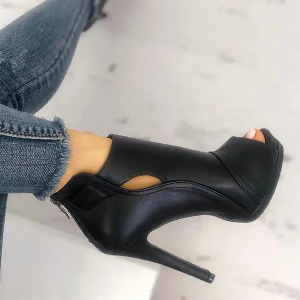 Sohiwoo Black Peep Toe Stilettos Platform High Heel Ankle Boots