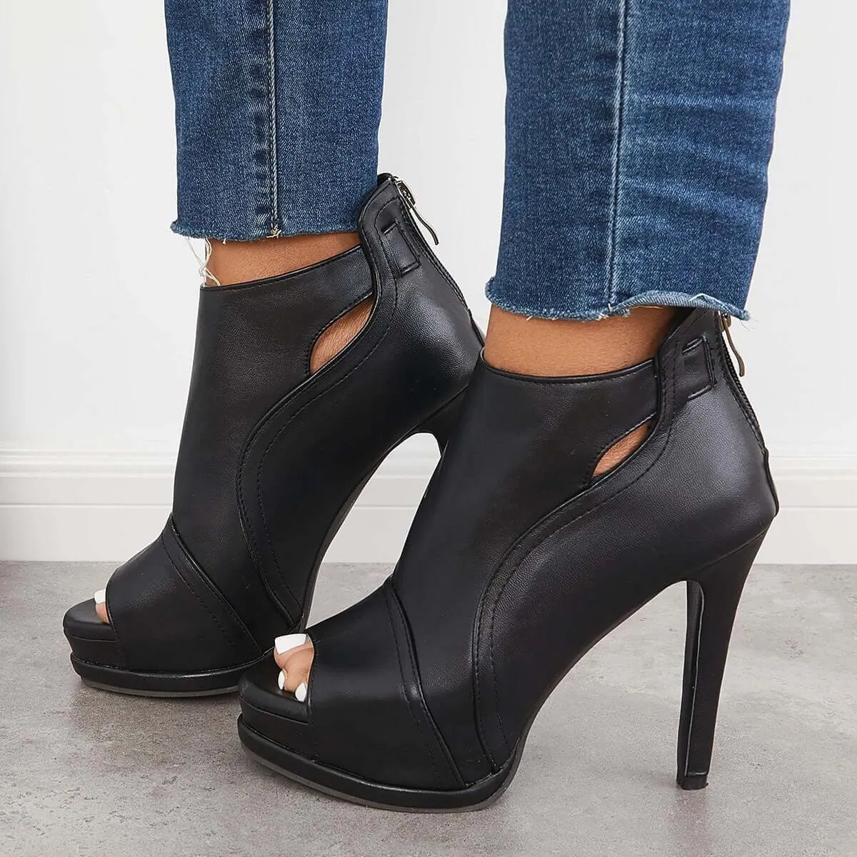 Sohiwoo Black Peep Toe Stilettos Platform High Heel Ankle Boots