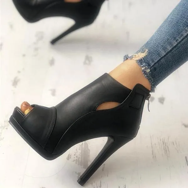 Sohiwoo Black Peep Toe Stilettos Platform High Heel Ankle Boots