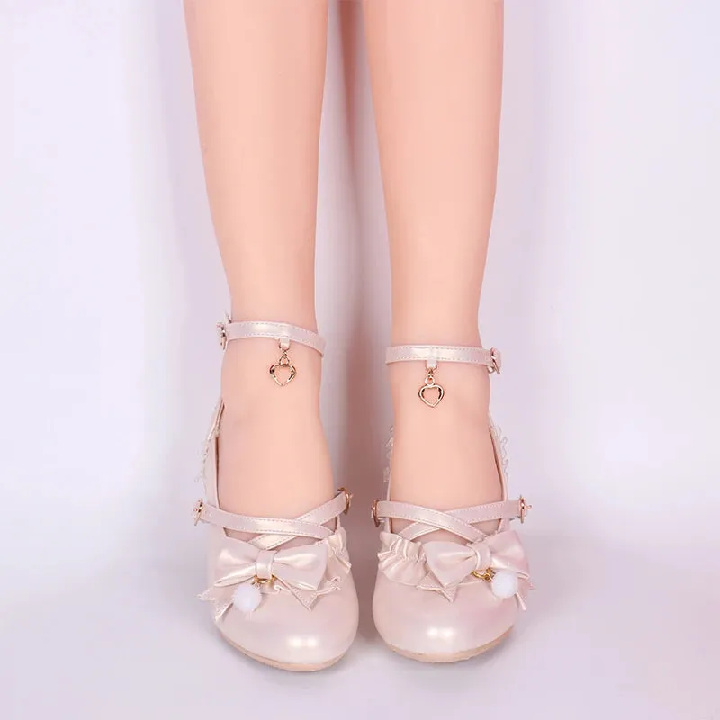 Sohiwoo cute lace ruffle bowknot kawaii shoes loli cosplay Sweet princess lolita shoes vintage round head cross strap women shoes