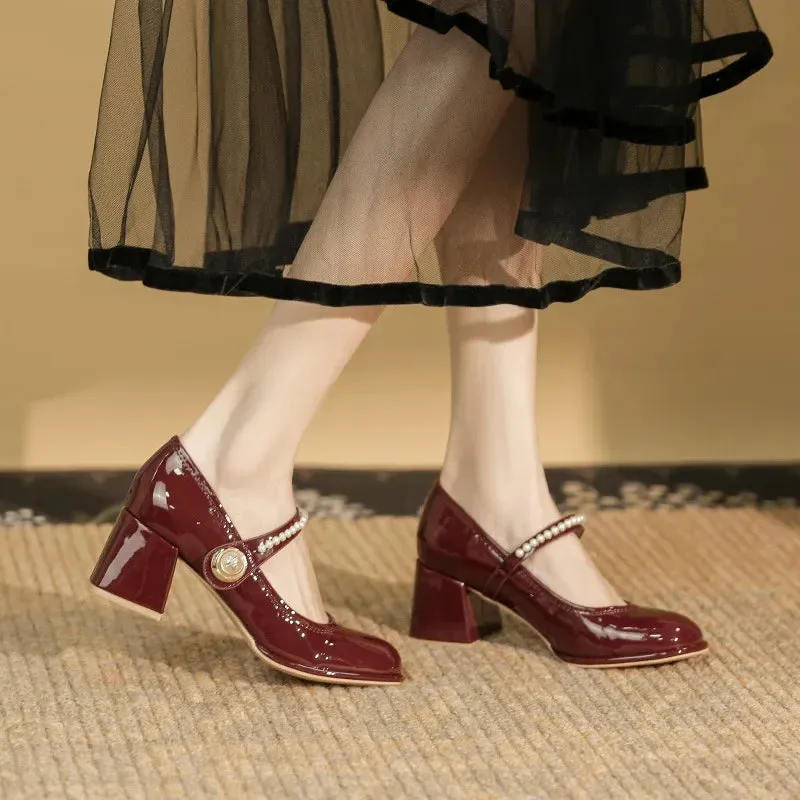 Sohiwoo Japanese Style Ladies Lolita Sweet Fashion Women Pearl Shoes Retro Pumps Casual  Summer Marry Janes Round Toe Shoes