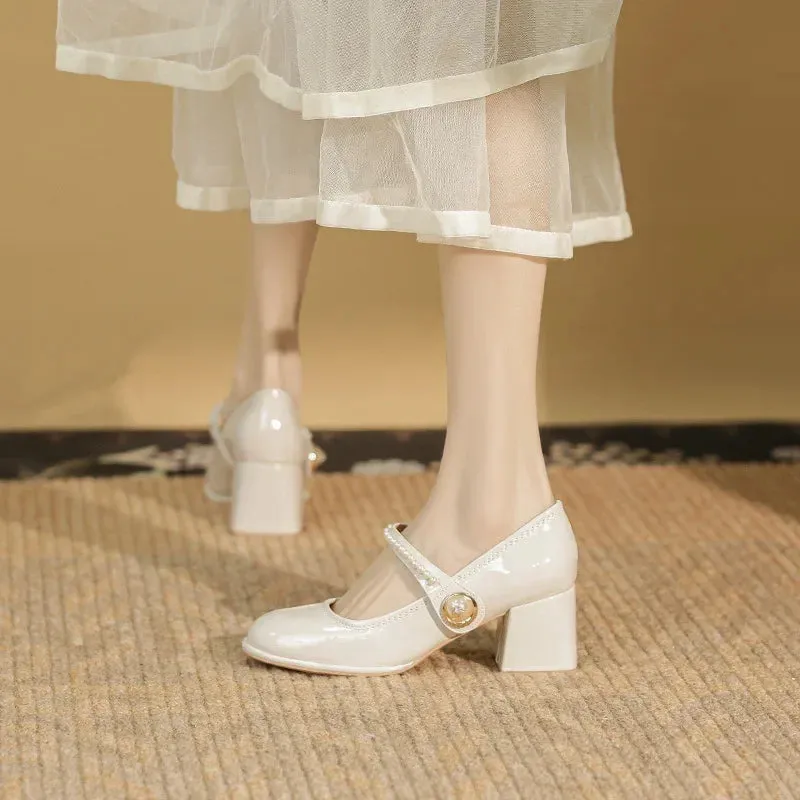 Sohiwoo Japanese Style Ladies Lolita Sweet Fashion Women Pearl Shoes Retro Pumps Casual  Summer Marry Janes Round Toe Shoes