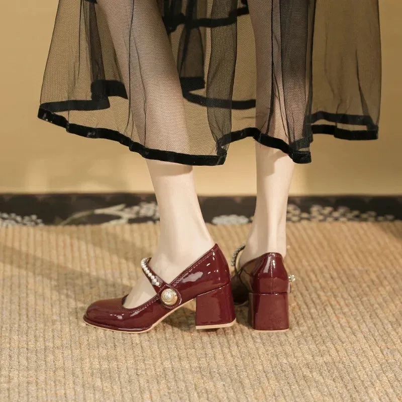 Sohiwoo Japanese Style Ladies Lolita Sweet Fashion Women Pearl Shoes Retro Pumps Casual  Summer Marry Janes Round Toe Shoes