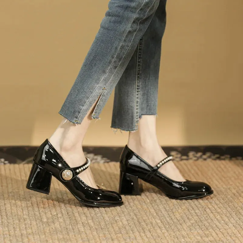Sohiwoo Japanese Style Ladies Lolita Sweet Fashion Women Pearl Shoes Retro Pumps Casual  Summer Marry Janes Round Toe Shoes