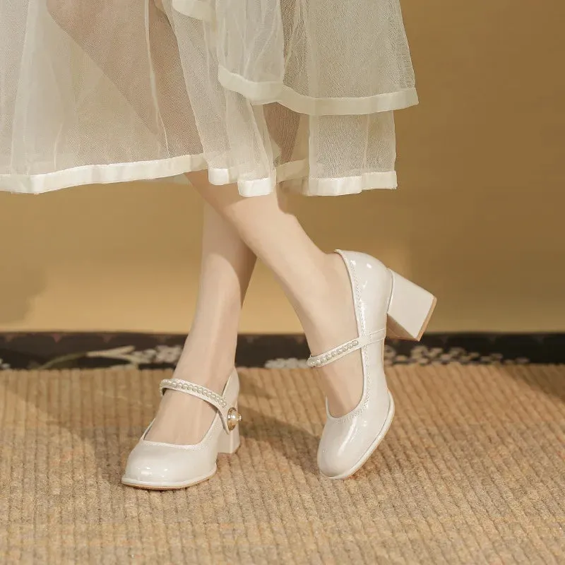 Sohiwoo Japanese Style Ladies Lolita Sweet Fashion Women Pearl Shoes Retro Pumps Casual  Summer Marry Janes Round Toe Shoes