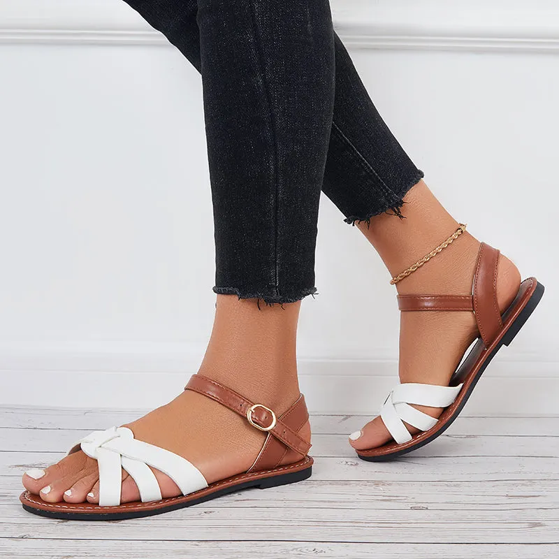 Sohiwoo  Women Open Toe Flat Sandals Criss Cross Buckle Strap Sandals