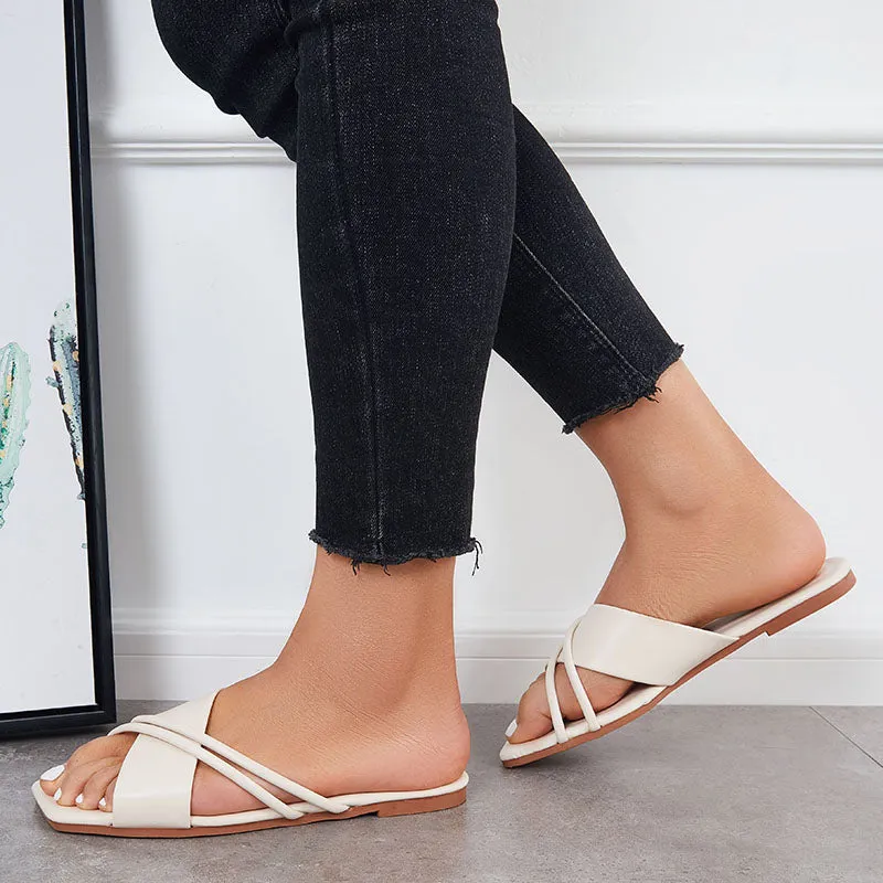 Sohiwoo Women Women Criss Cross Slide Sandals Square Toe Cross Straps Flat Slippers