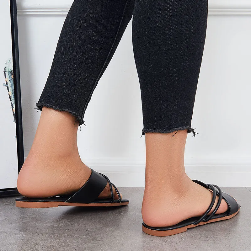 Sohiwoo Women Women Criss Cross Slide Sandals Square Toe Cross Straps Flat Slippers