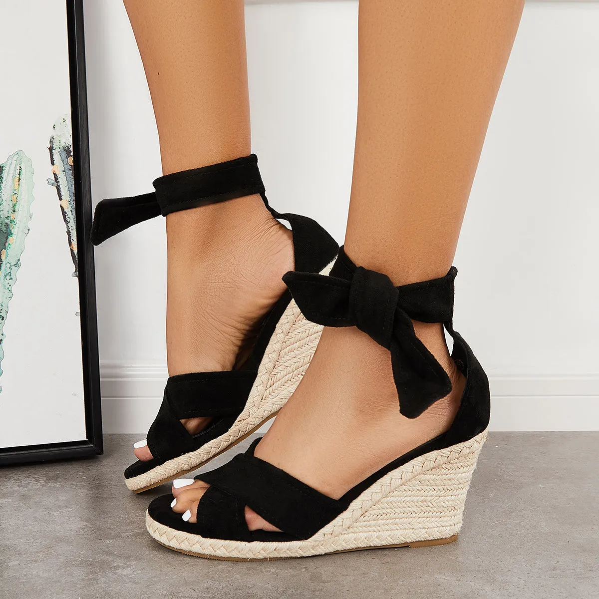 Sohiwoo  Women's Criss Cross Strap Espadrille Wedges Lace Up Ankle Strap Sandals