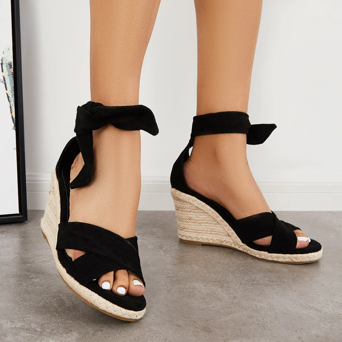 Sohiwoo  Women's Criss Cross Strap Espadrille Wedges Lace Up Ankle Strap Sandals