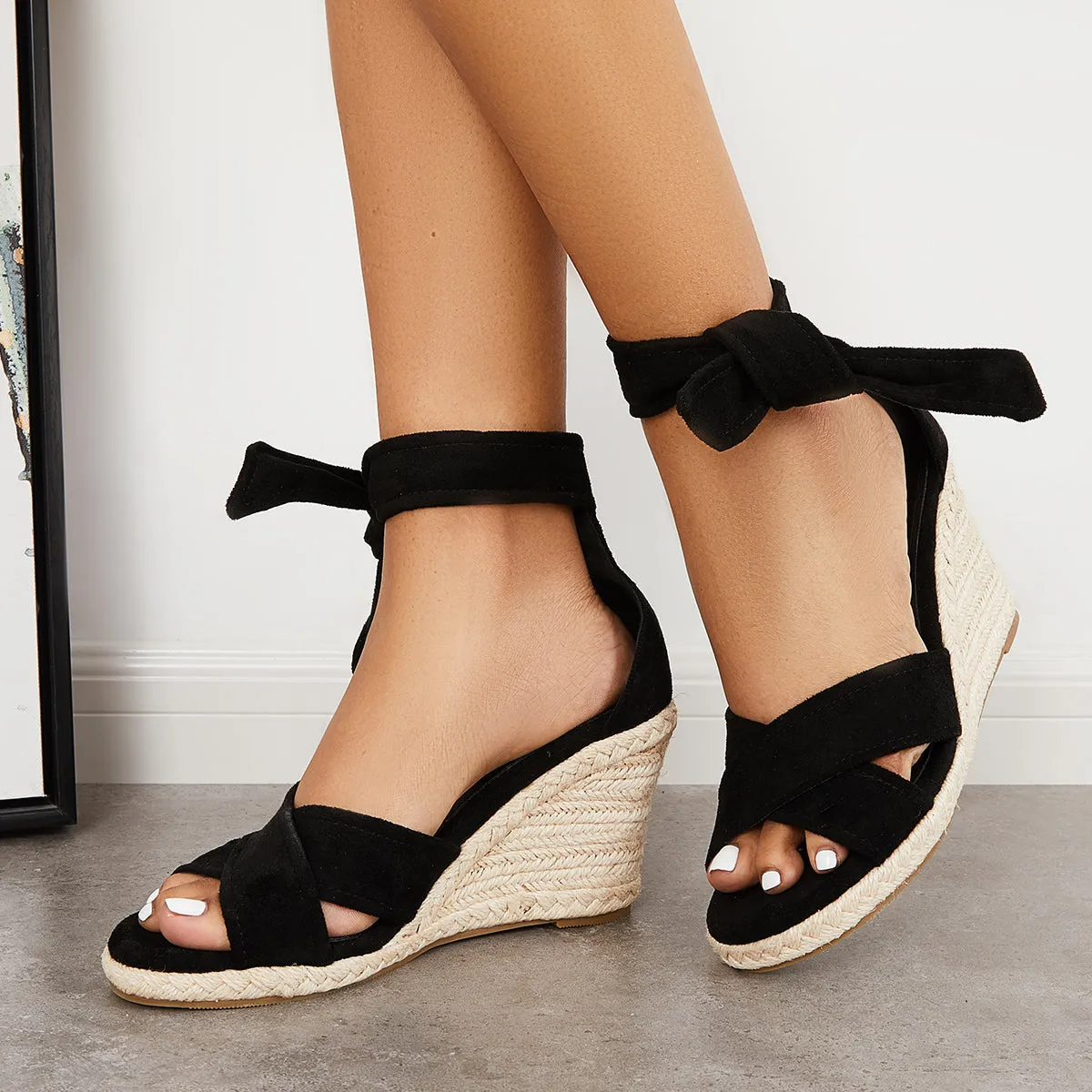 Sohiwoo  Women's Criss Cross Strap Espadrille Wedges Lace Up Ankle Strap Sandals