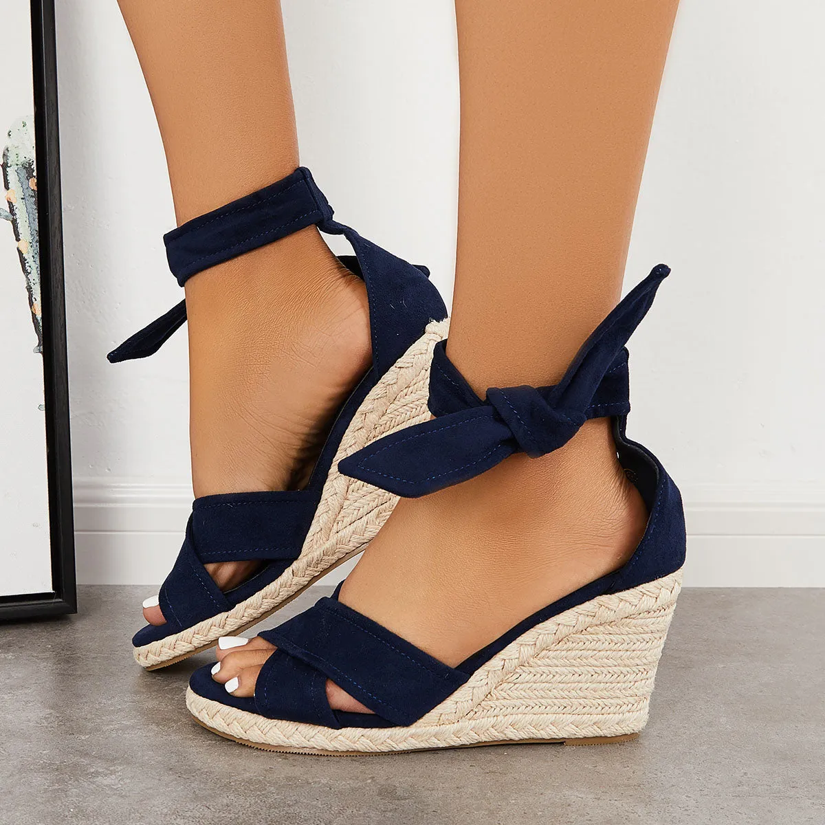 Sohiwoo  Women's Criss Cross Strap Espadrille Wedges Lace Up Ankle Strap Sandals