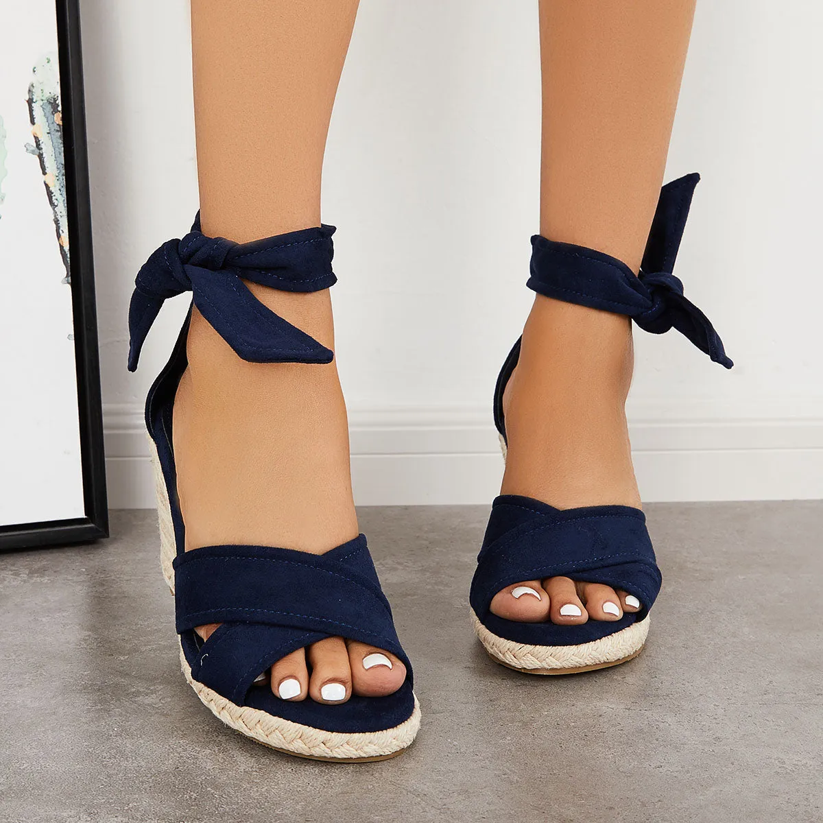 Sohiwoo  Women's Criss Cross Strap Espadrille Wedges Lace Up Ankle Strap Sandals