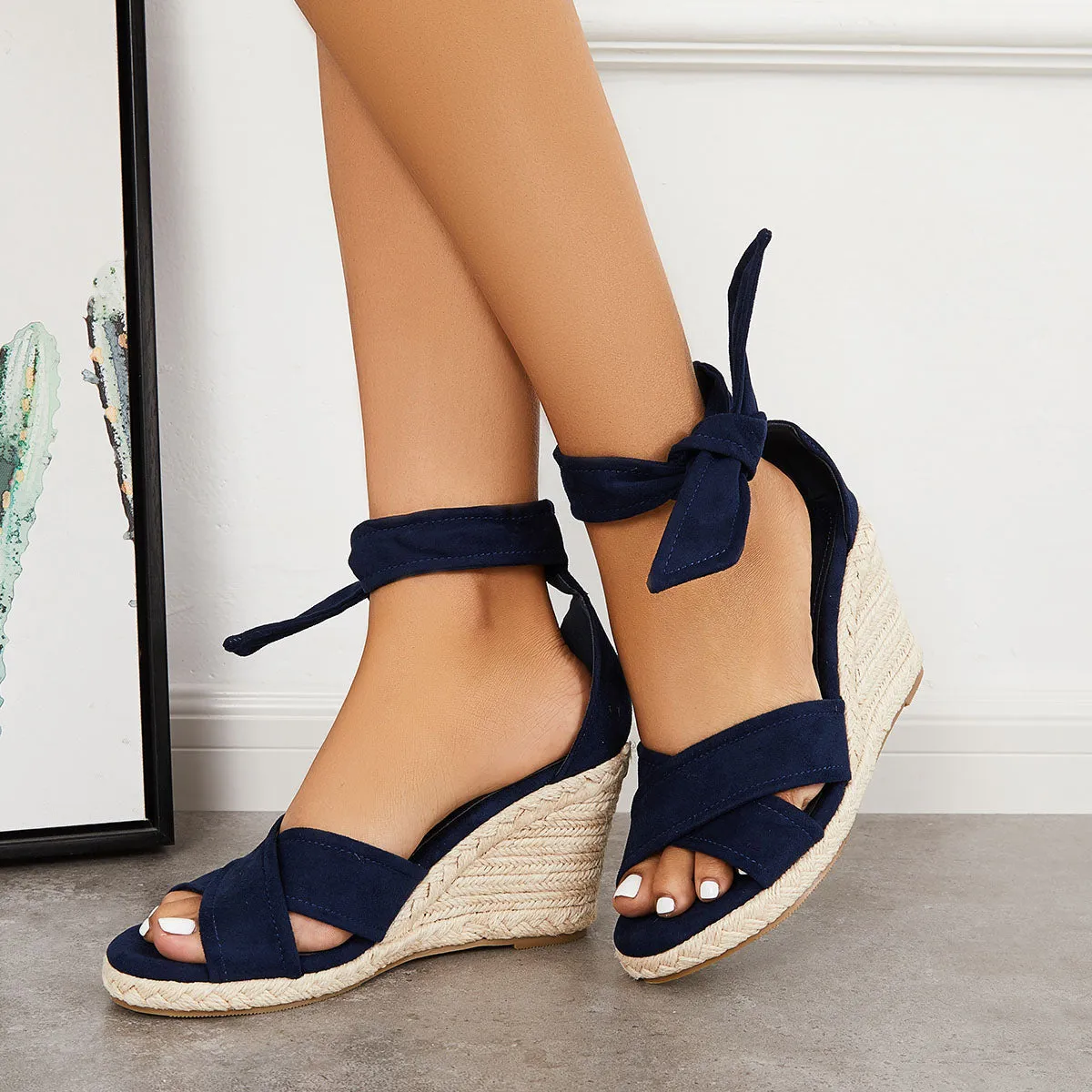 Sohiwoo  Women's Criss Cross Strap Espadrille Wedges Lace Up Ankle Strap Sandals