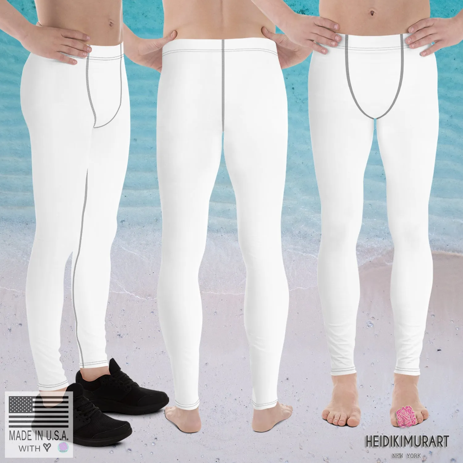 Solid White Color Print Designer Premium Men's Leggings Long Tights -Made in USA/EU