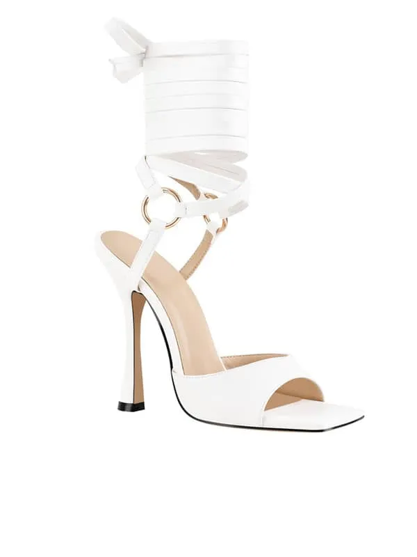 Square Toe Lace Up Stiletto Leather Sandal