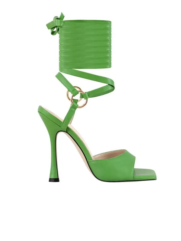 Square Toe Lace Up Stiletto Leather Sandal