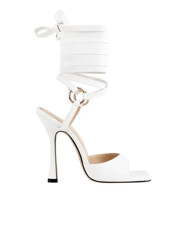 Square Toe Lace Up Stiletto Leather Sandal