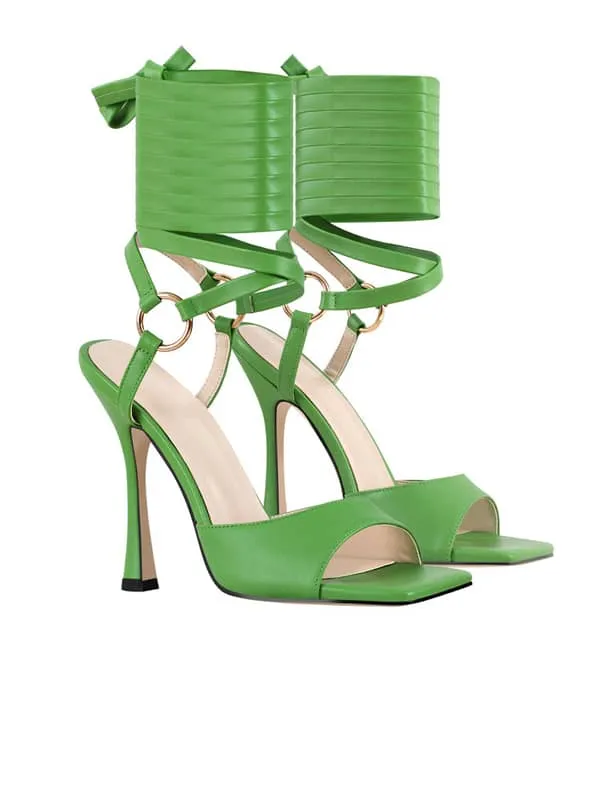 Square Toe Lace Up Stiletto Leather Sandal