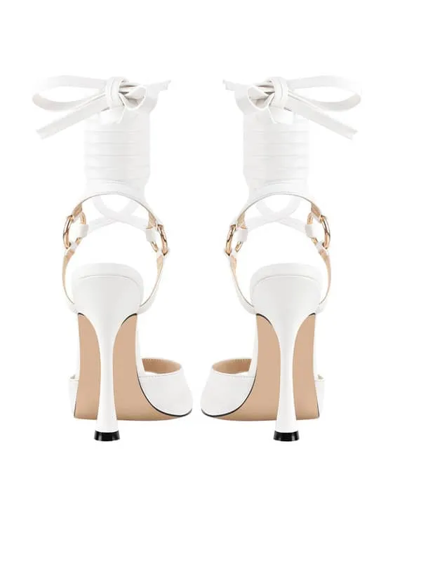 Square Toe Lace Up Stiletto Leather Sandal