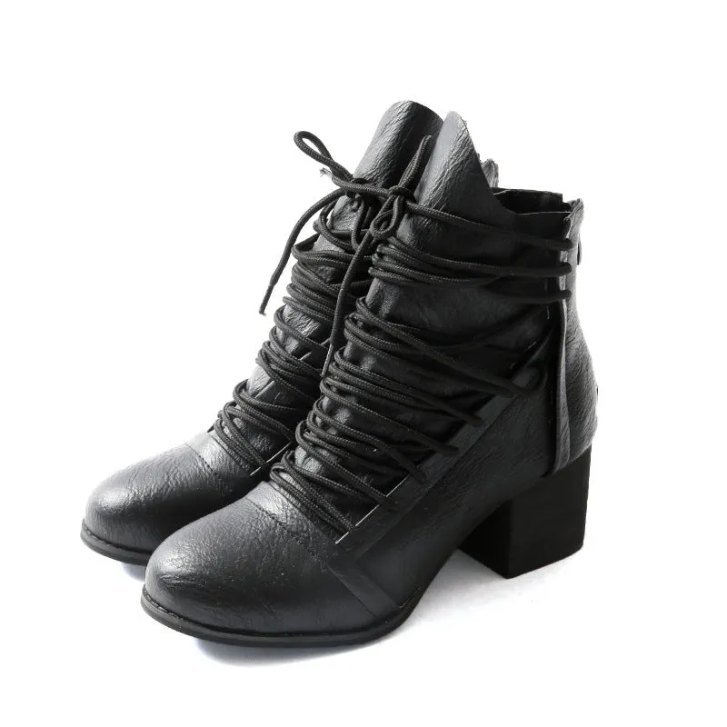 Straps Cross Lace UP Round Toe Chunky Low Heels Short Boots