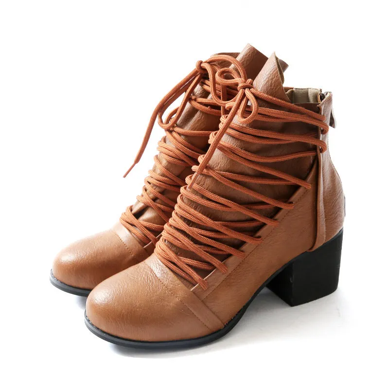 Straps Cross Lace UP Round Toe Chunky Low Heels Short Boots